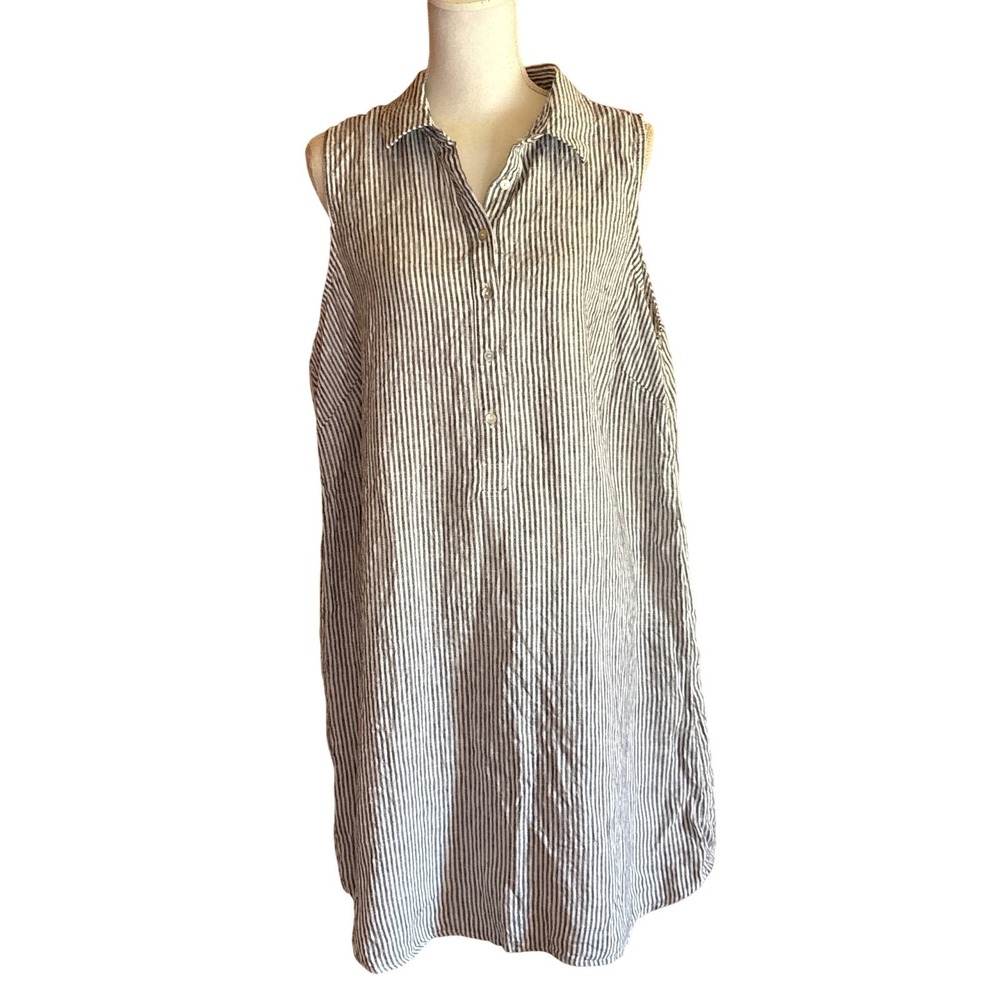 Tahari 100% Linen Striped Shirt Dress Gray White 1X, coastal, beachy, relaxed